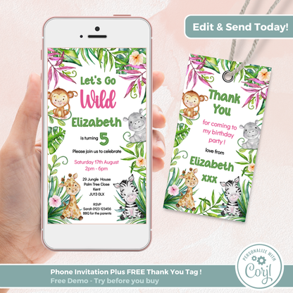 Editable Evite Birthday Invitation and FREE Thank You Tag - Let's Go Wild