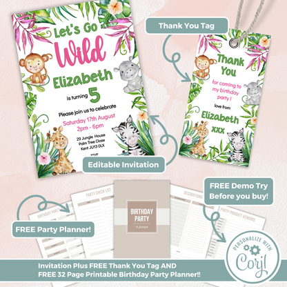Editable Birthday Invitation and FREE Thank You Tag - Let's Go Wild