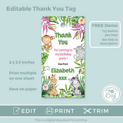 Editable Birthday Thank You Tag - Let's Go Wild