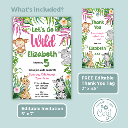 Editable Birthday Invitation and FREE Thank You Tag - Let's Go Wild