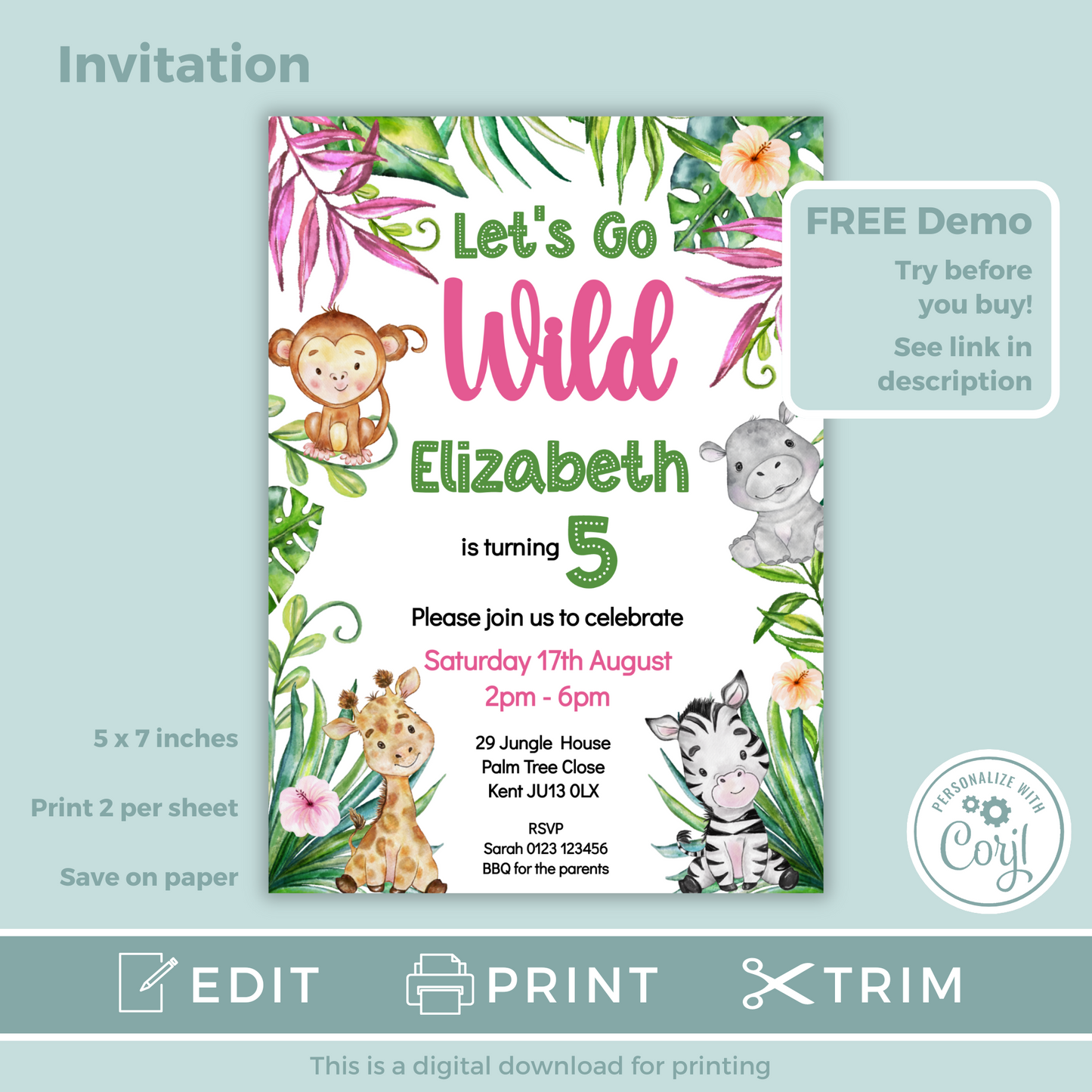 Editable Birthday Invitation and FREE Thank You Tag - Let's Go Wild