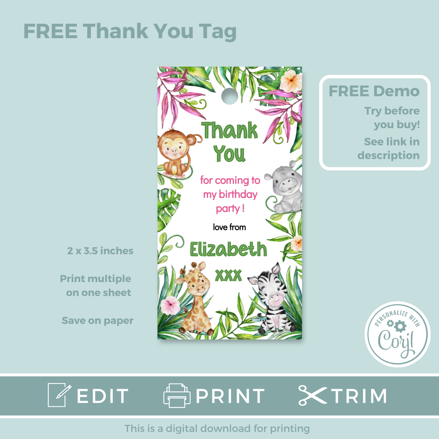 Editable Evite Birthday Invitation and FREE Thank You Tag - Let's Go Wild