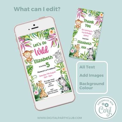 Editable Evite Birthday Invitation and FREE Thank You Tag - Let's Go Wild