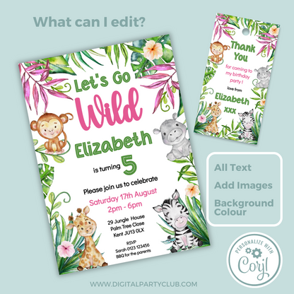 Editable Birthday Invitation and FREE Thank You Tag - Let's Go Wild