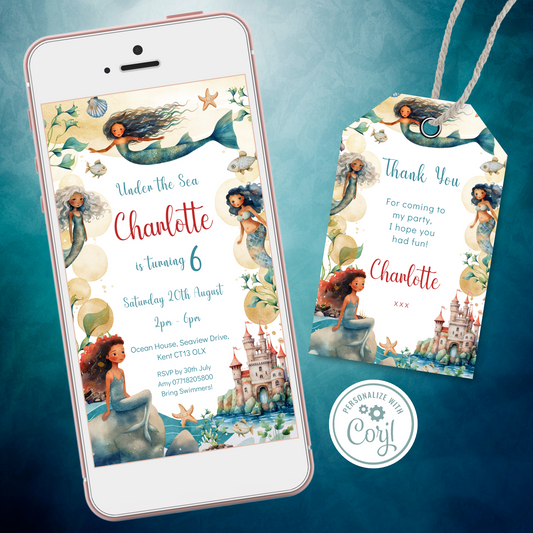 Editable Phone Birthday Invitation and FREE Thank You Tag - Mermaid