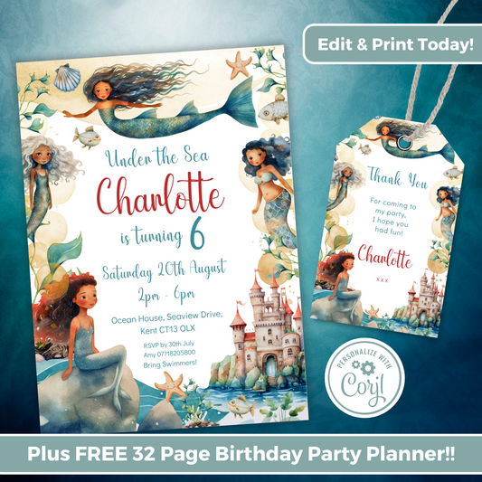 Editable Birthday Invitation and FREE Thank You Tag - Mermaid