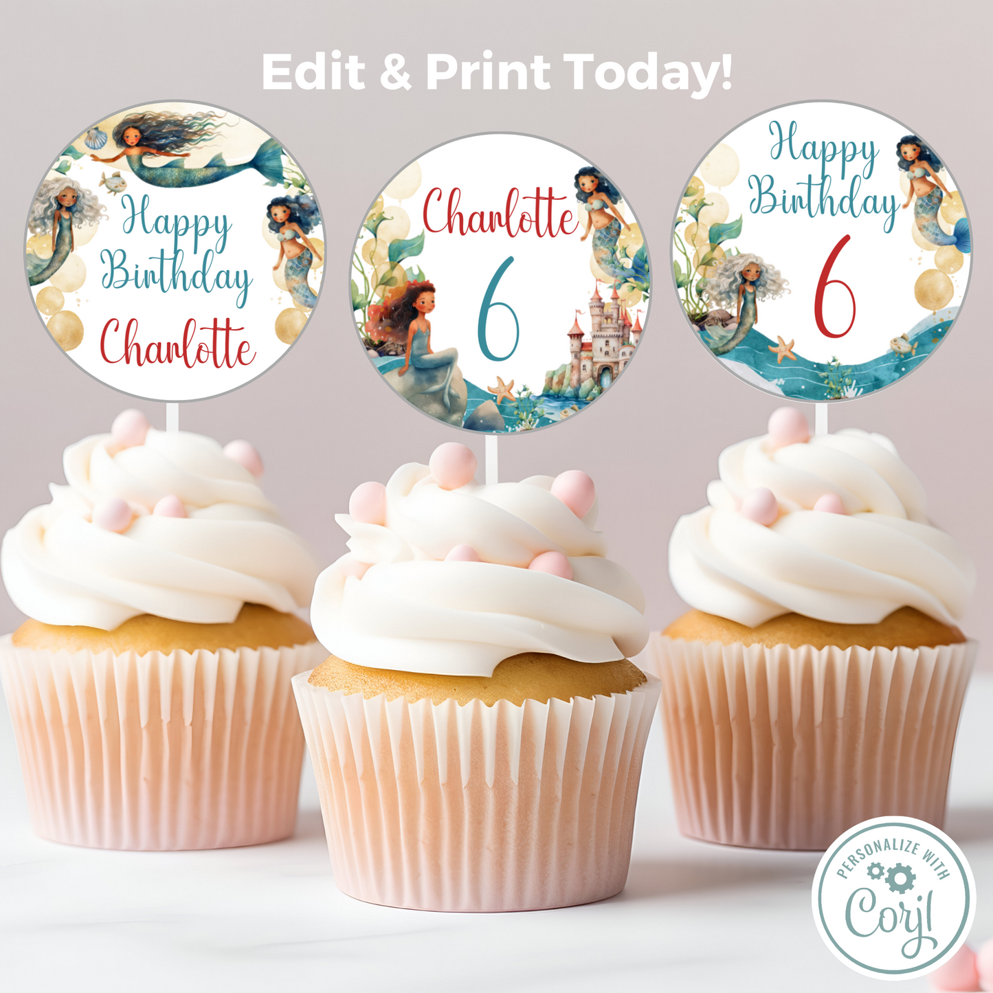 Editable Birthday Cupcake Toppers - Mermaid