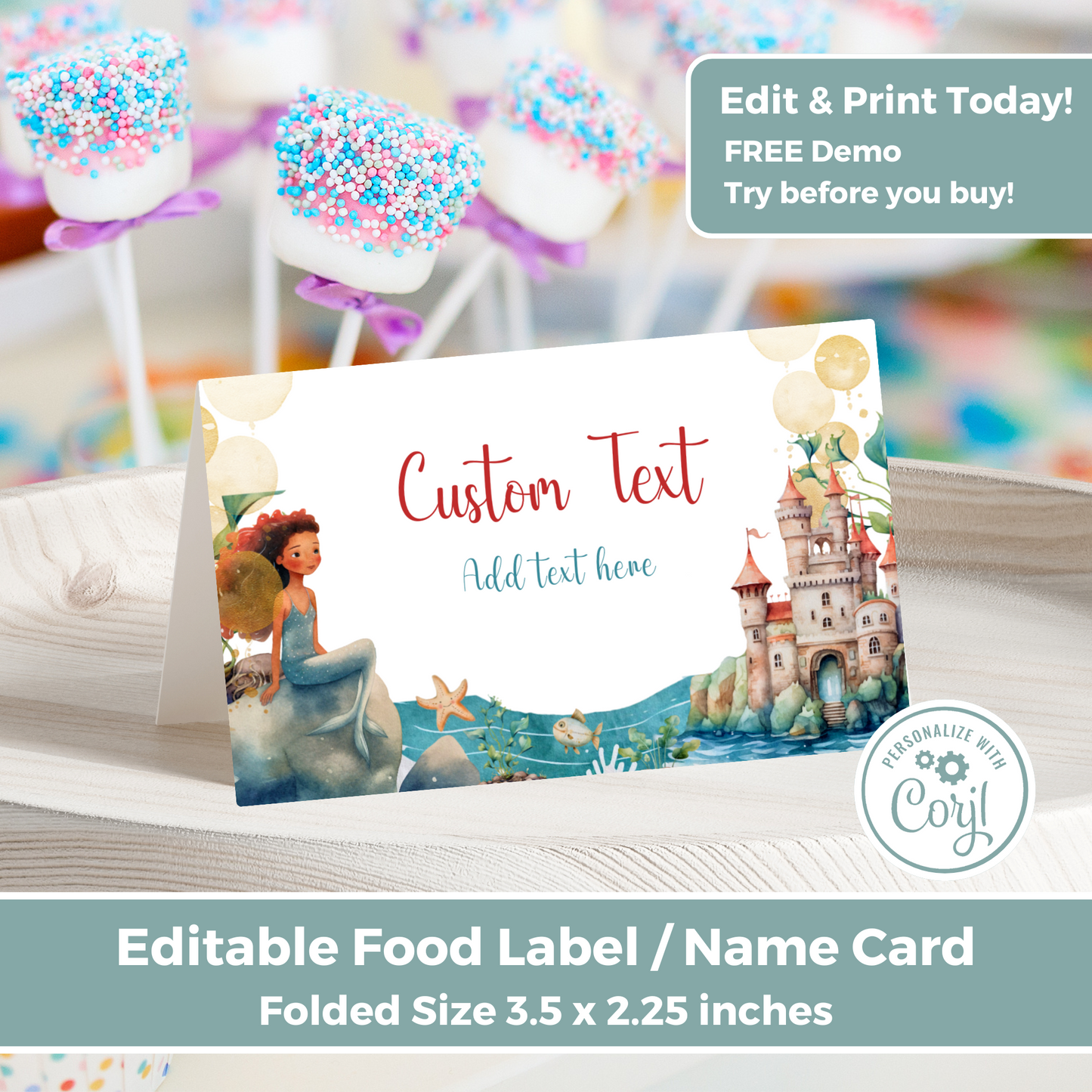 Editable Birthday Food Label / Name Card - Mermaid