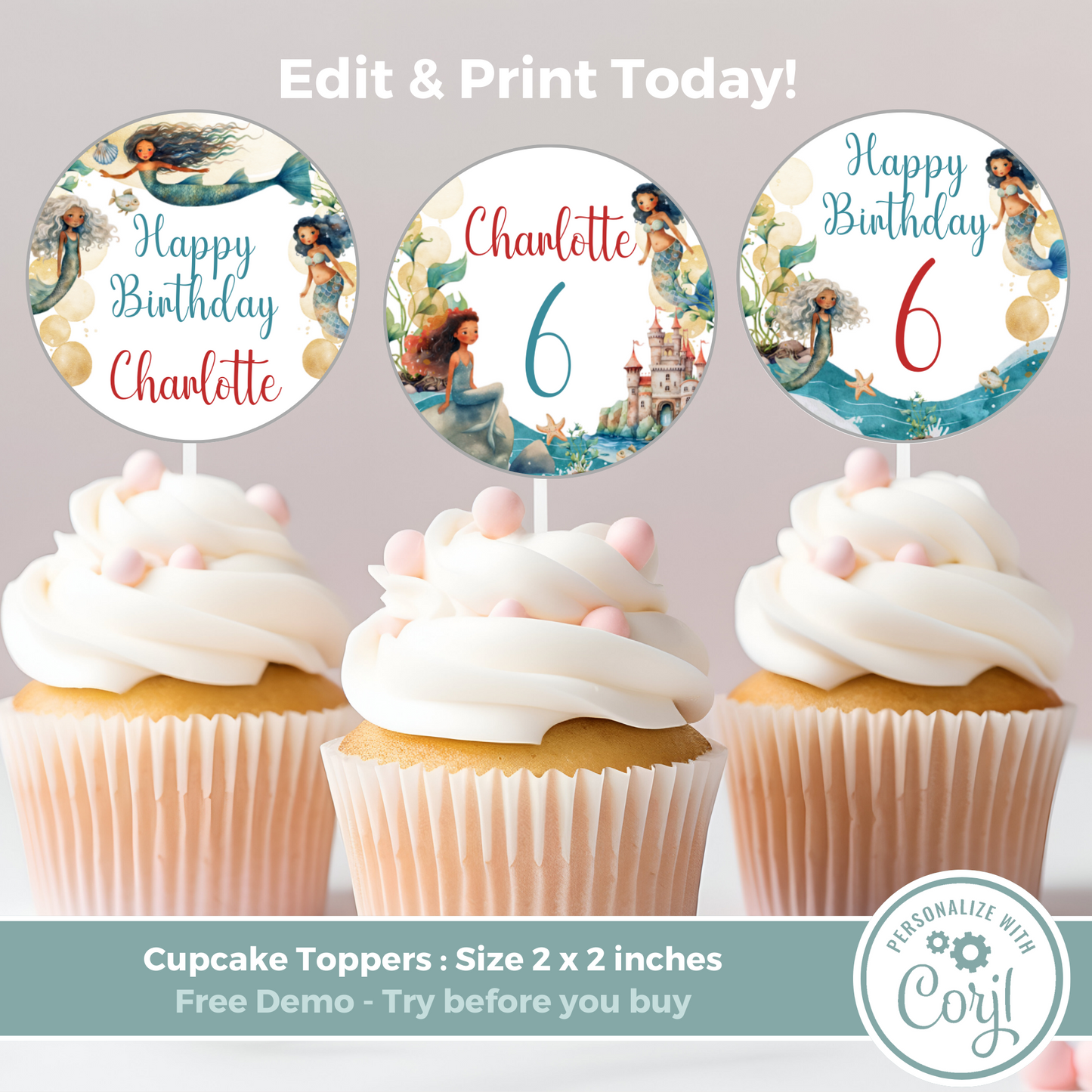 Editable Birthday Cupcake Toppers - Mermaid