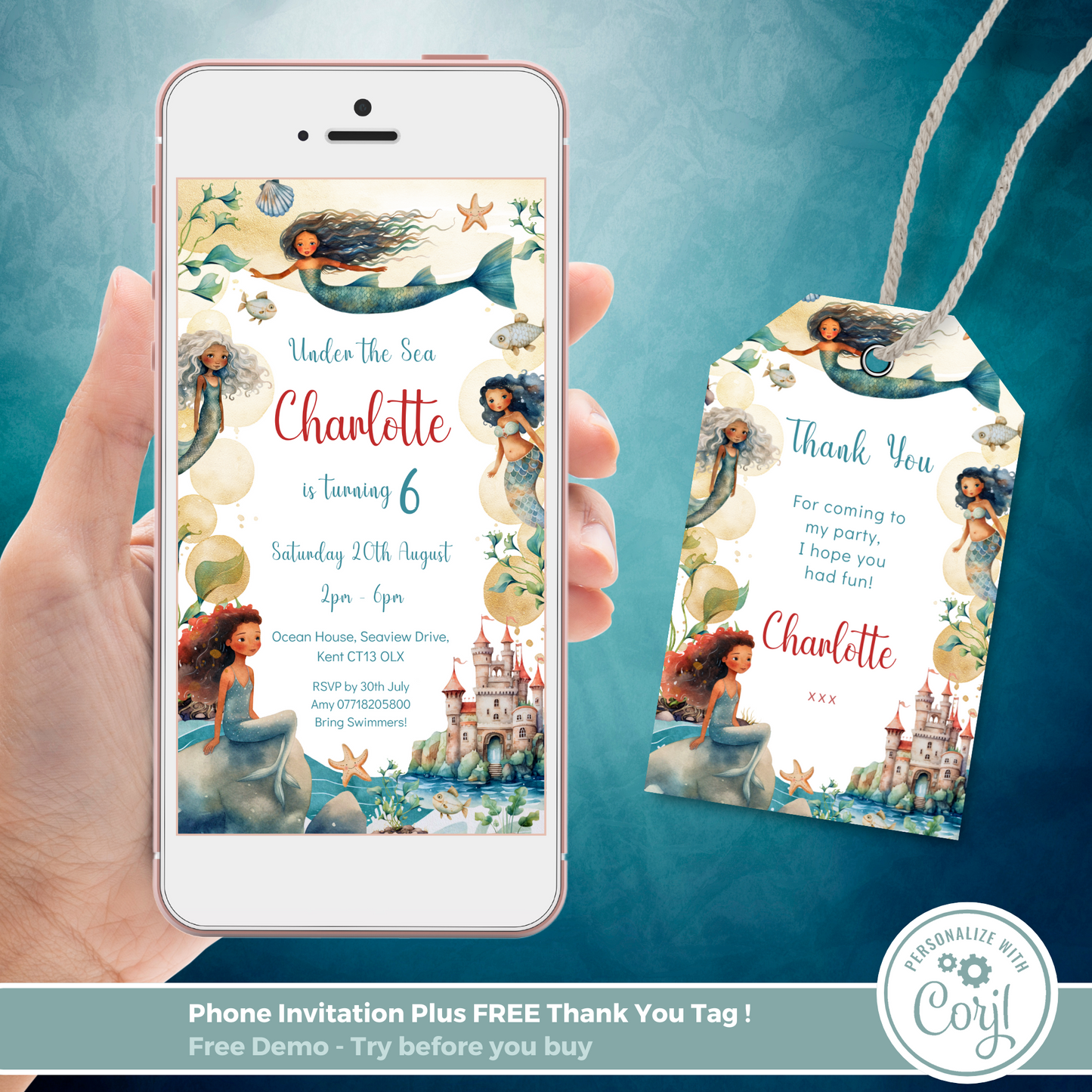 Editable Phone Birthday Invitation and FREE Thank You Tag - Mermaid