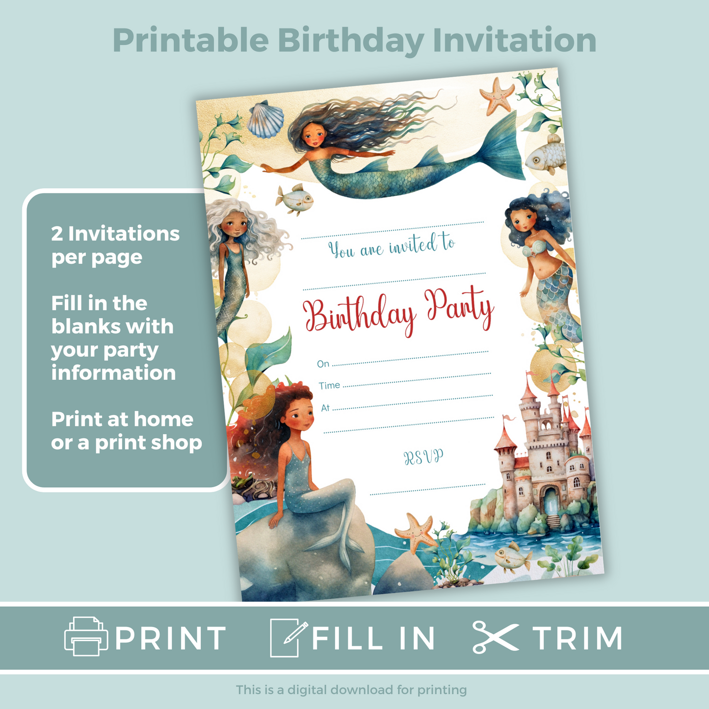 Printable Fill In Birthday Invitation - Mermaid