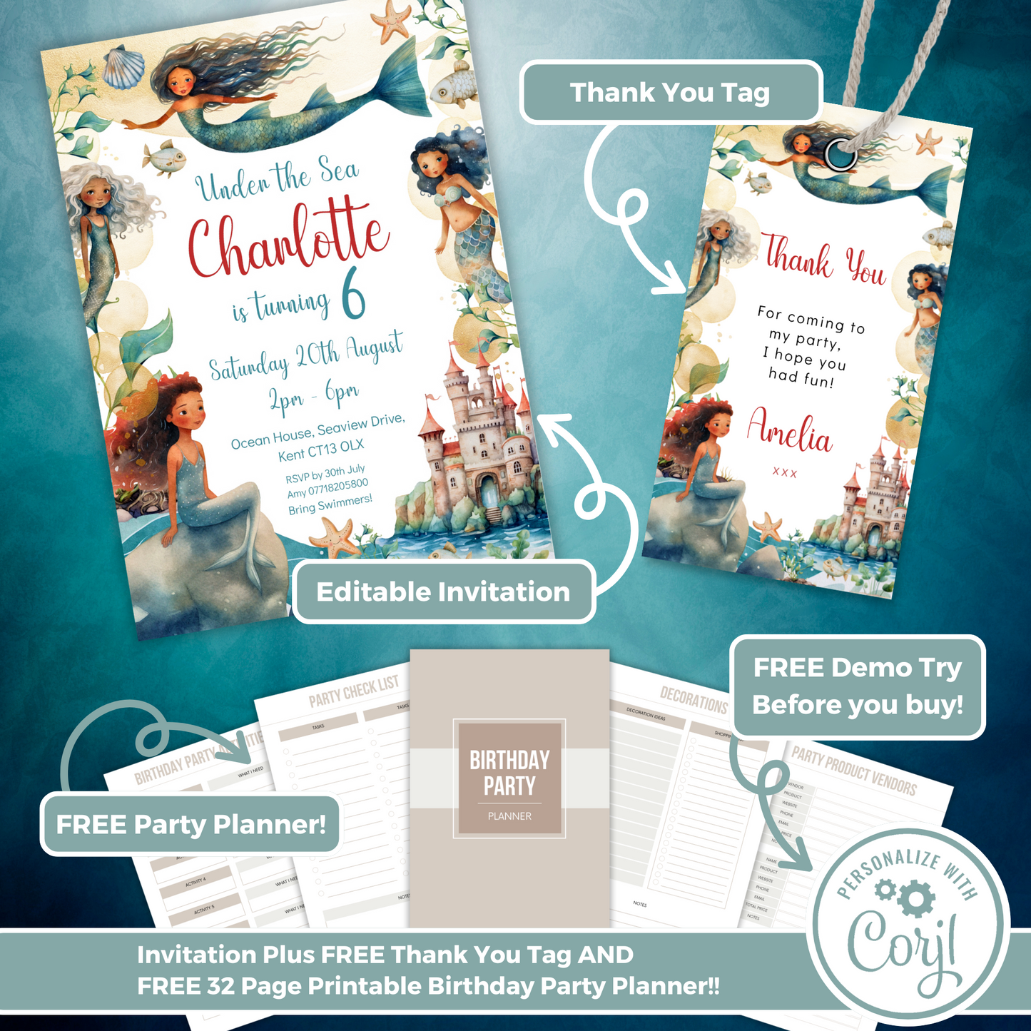 Editable Birthday Invitation and FREE Thank You Tag - Mermaid