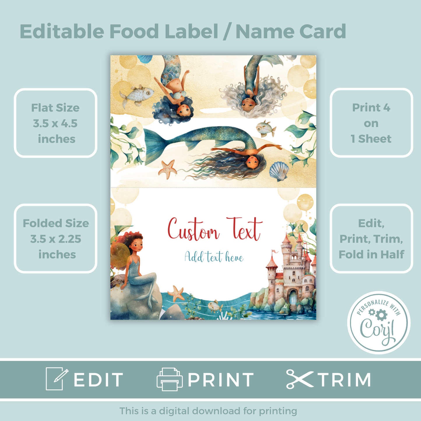 Editable Birthday Food Label / Name Card - Mermaid