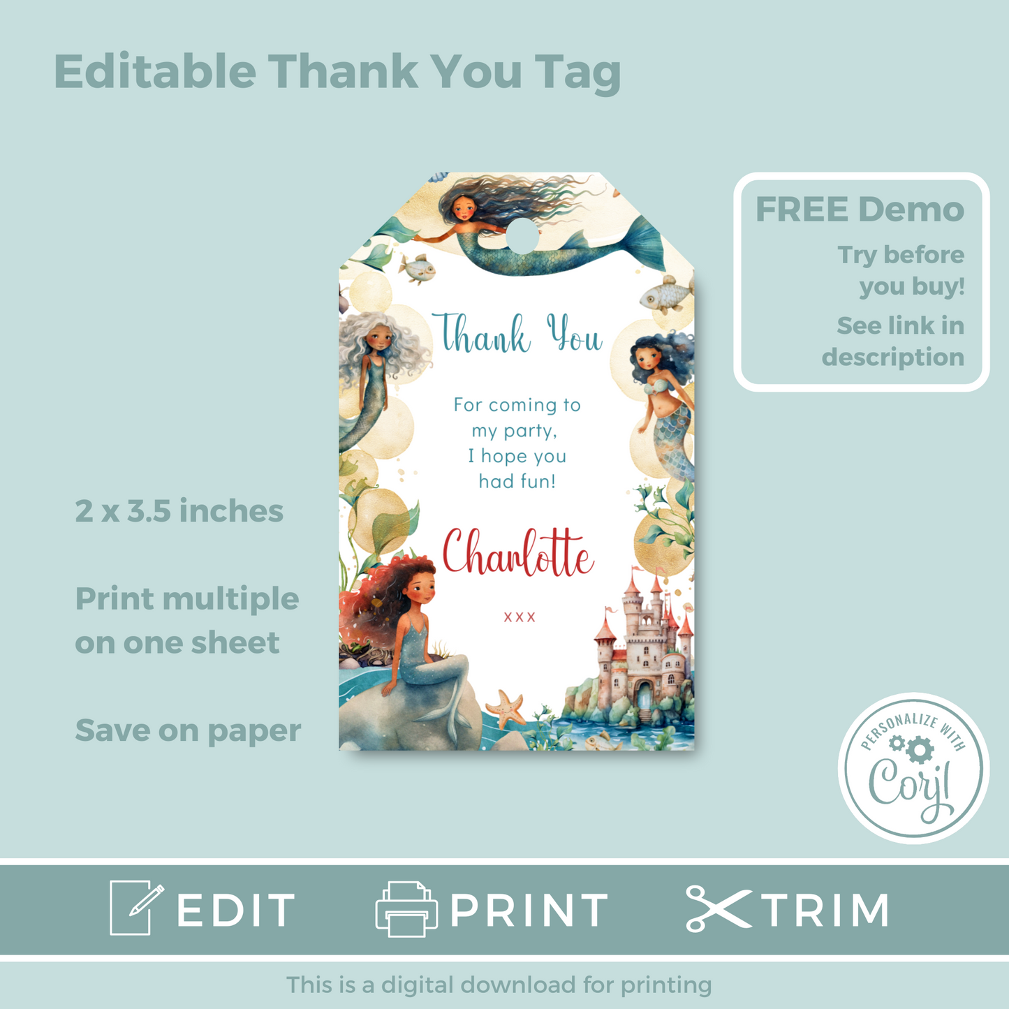 Editable Birthday Thank You Tag - Mermaid