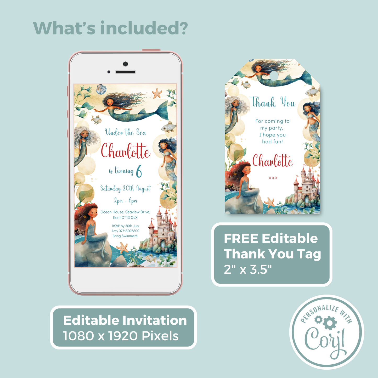 Editable Phone Birthday Invitation and FREE Thank You Tag - Mermaid