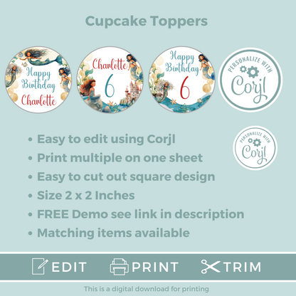 Editable Birthday Cupcake Toppers - Mermaid