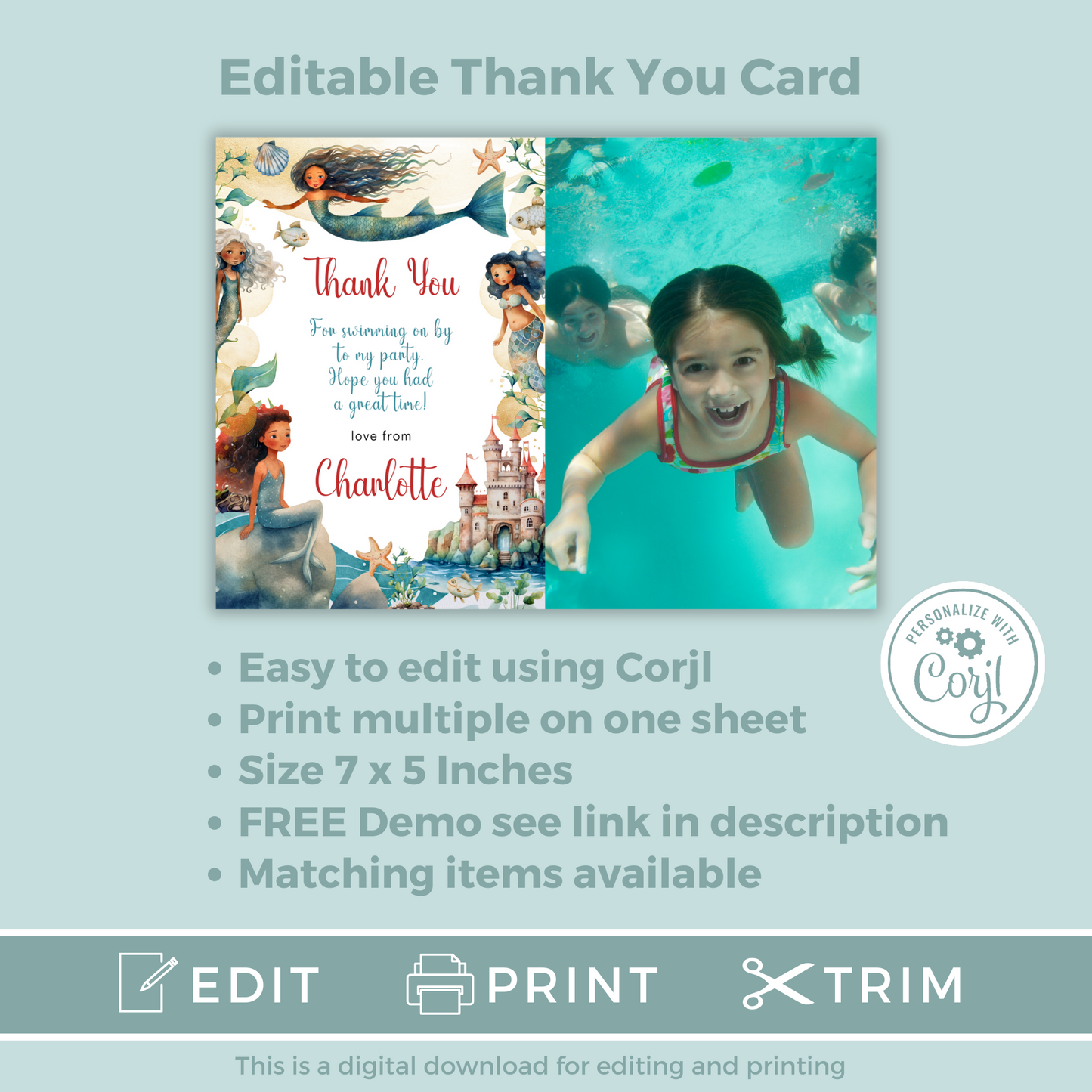 Editable Thank You Card - Mermaid