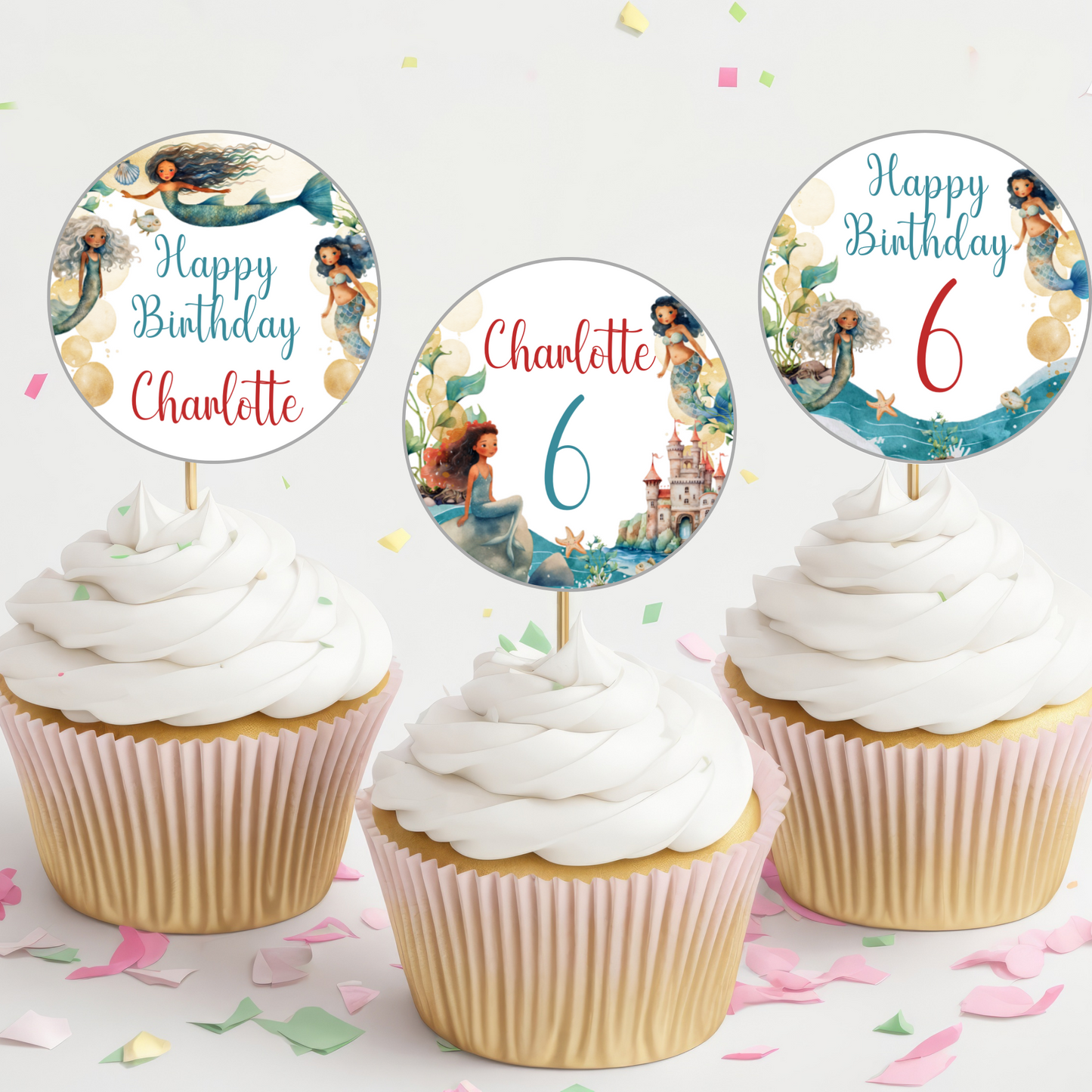 Editable Birthday Cupcake Toppers - Mermaid