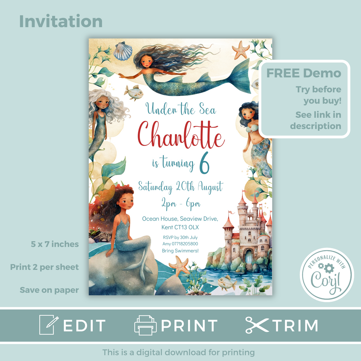 Editable Birthday Invitation and FREE Thank You Tag - Mermaid