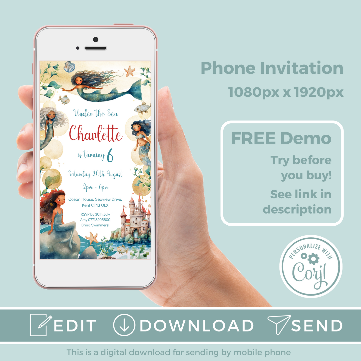 Editable Phone Birthday Invitation and FREE Thank You Tag - Mermaid