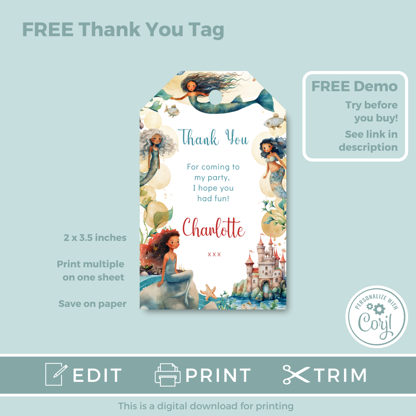 Editable Phone Birthday Invitation and FREE Thank You Tag - Mermaid