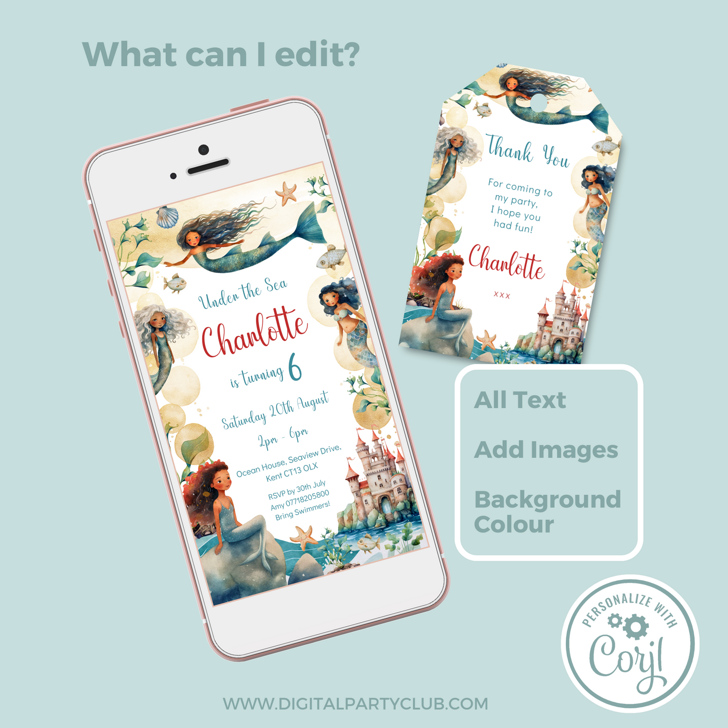 Editable Phone Birthday Invitation and FREE Thank You Tag - Mermaid