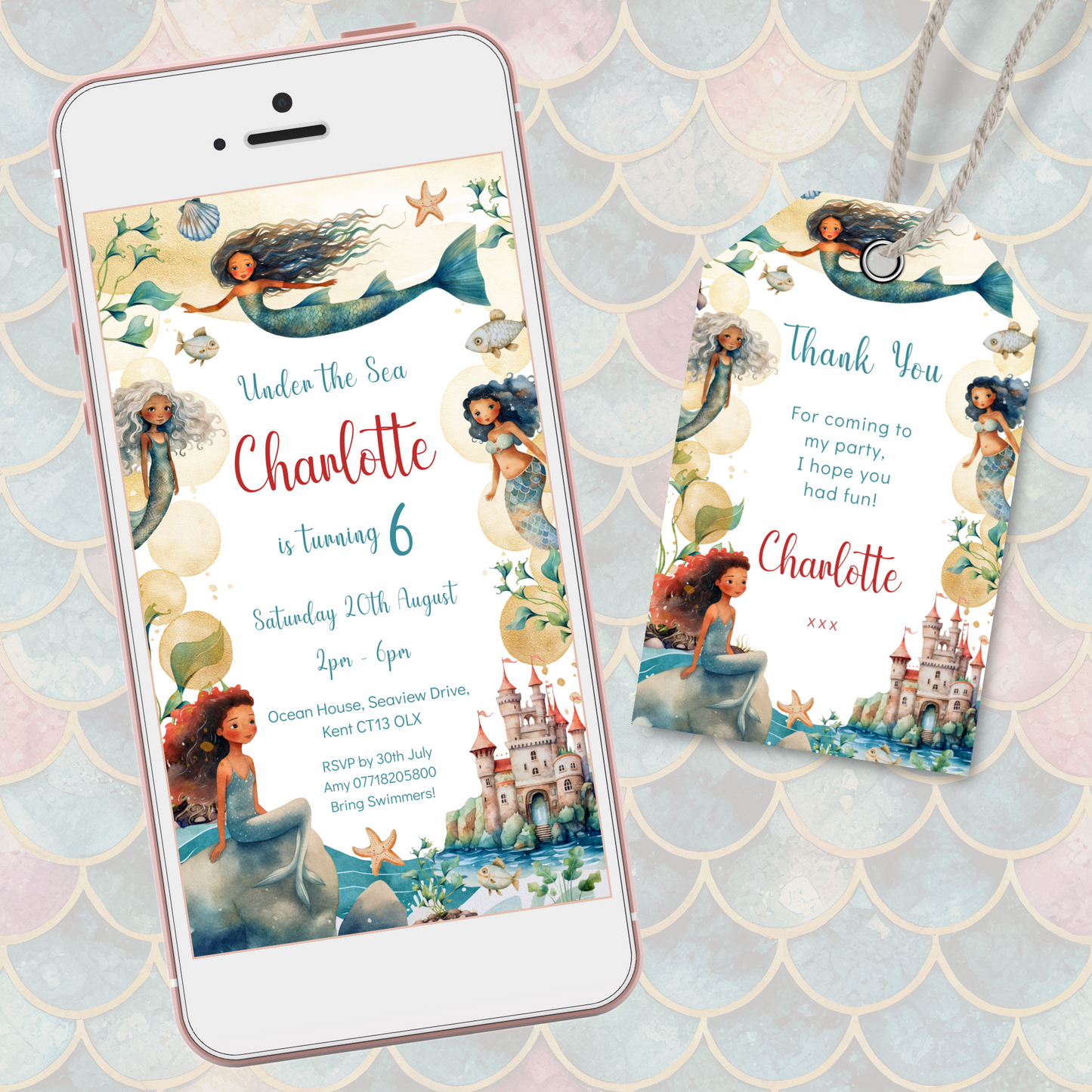 Editable Phone Birthday Invitation and FREE Thank You Tag - Mermaid