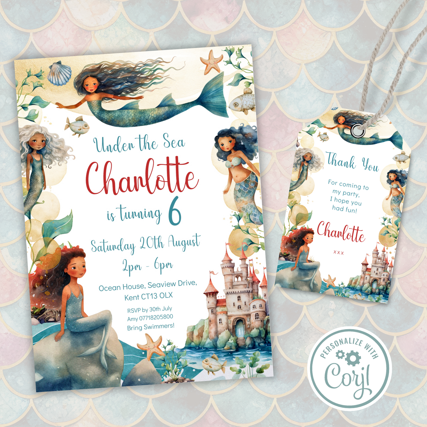 Editable Birthday Invitation and FREE Thank You Tag - Mermaid