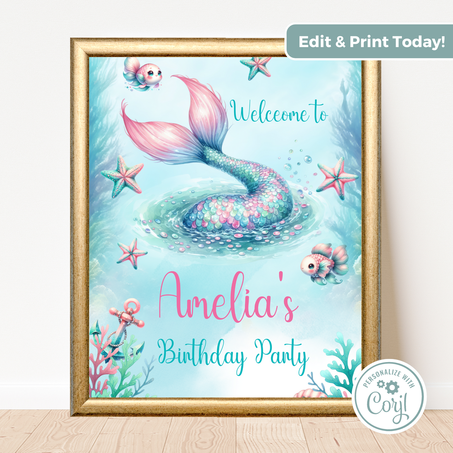 Editable Birthday Welcome Sign - Mermaid Tail