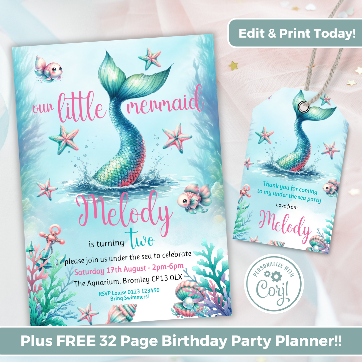 Editable Birthday Invitation and FREE Thank You Tag - Mermaid Tail