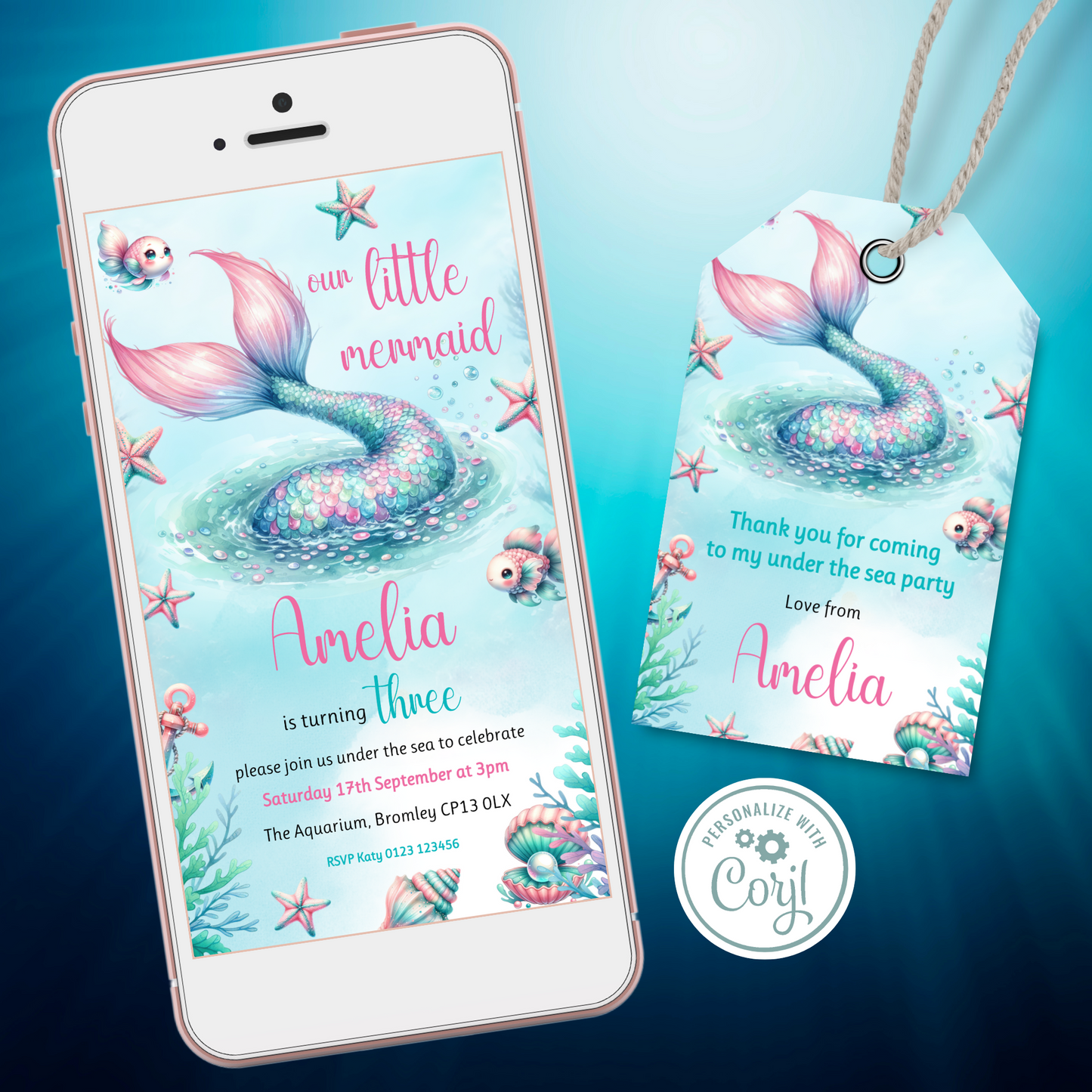 Editable Evite Birthday Invitation and FREE Thank You Tag - Mermaid Tail