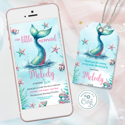 Editable Evite Birthday Invitation and FREE Thank You Tag - Mermaid Tail