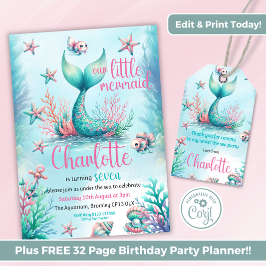 Editable Birthday Invitation and FREE Thank You Tag - Mermaid Tail