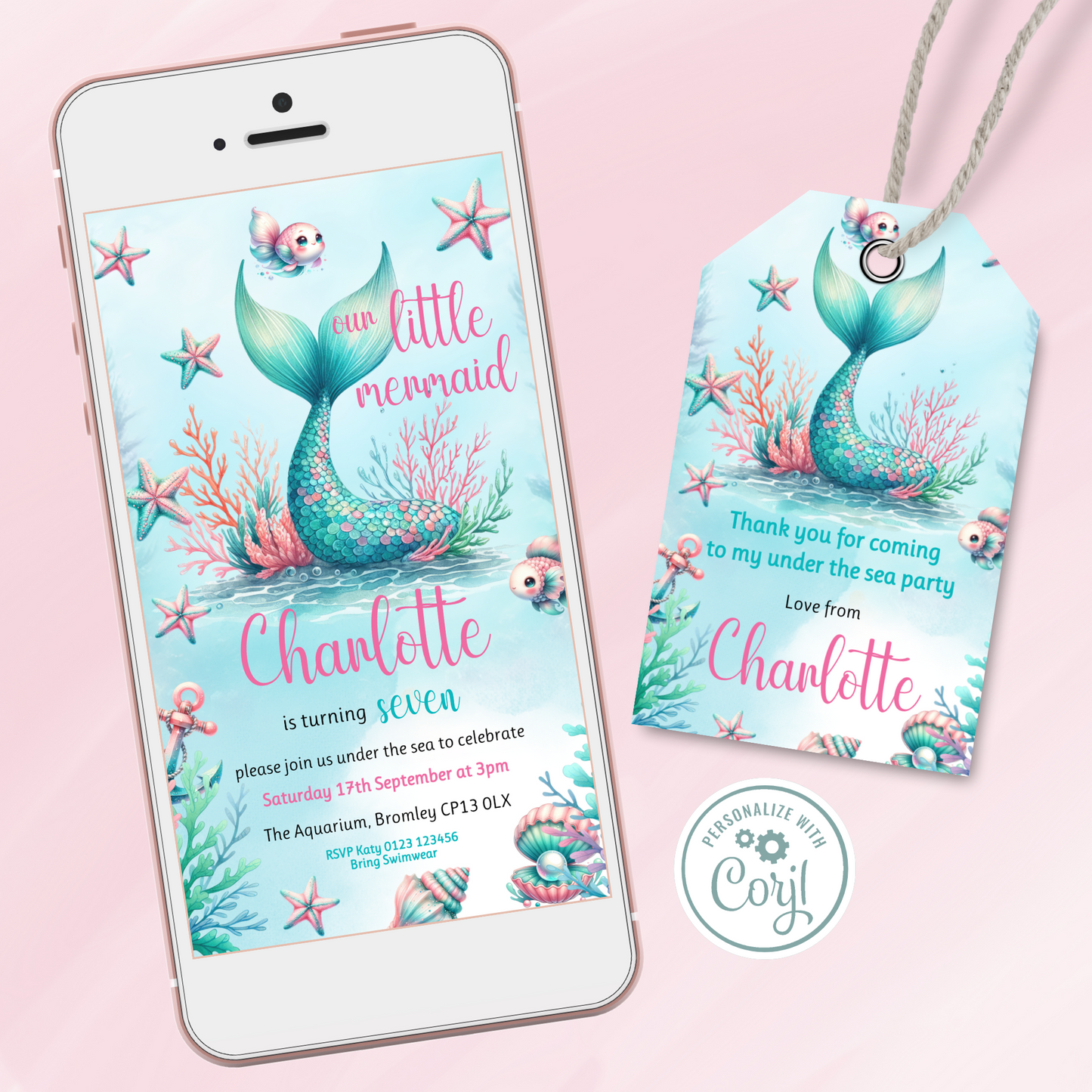 Editable Evite Birthday Invitation and FREE Thank You Tag - Mermaid Tail