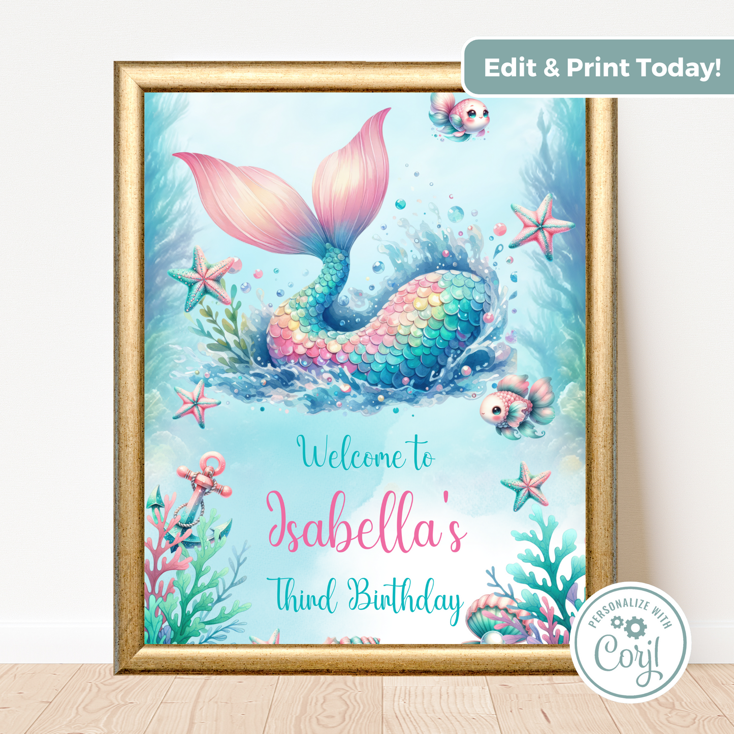 Editable Birthday Welcome Sign - Mermaid Tail