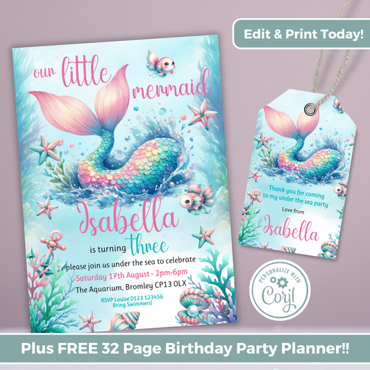 Editable Birthday Invitation and FREE Thank You Tag - Mermaid Tail