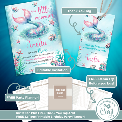 Editable Birthday Invitation and FREE Thank You Tag - Mermaid Tail