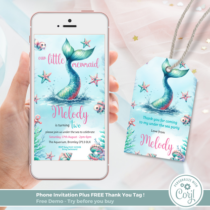 Editable Evite Birthday Invitation and FREE Thank You Tag - Mermaid Tail