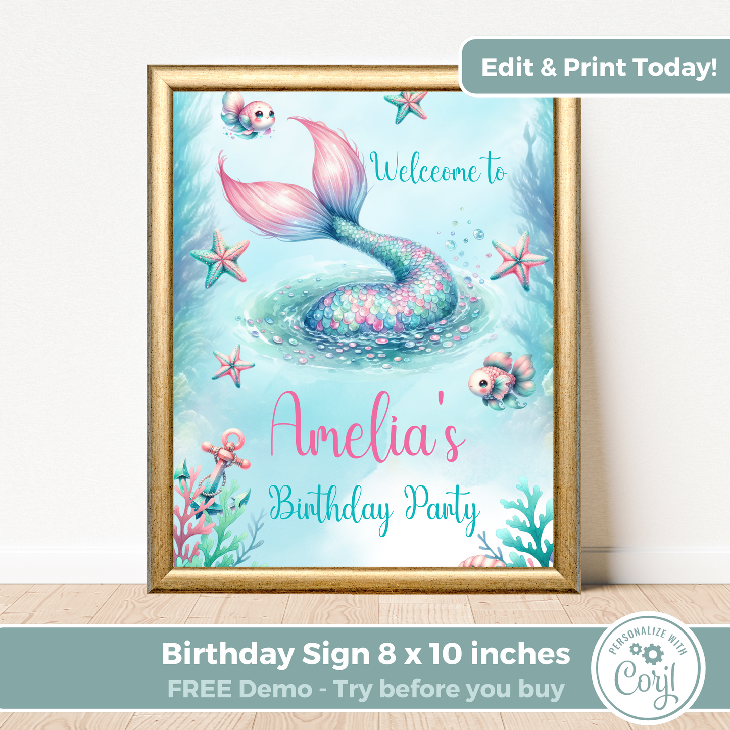 Editable Birthday Welcome Sign - Mermaid Tail