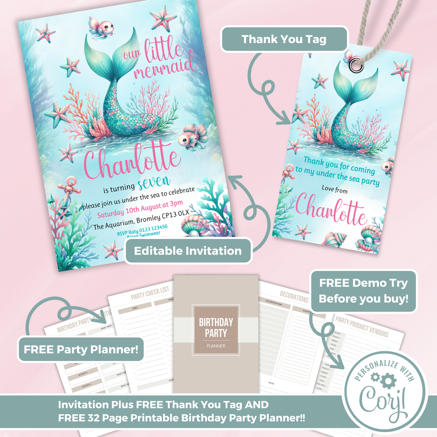 Editable Birthday Invitation and FREE Thank You Tag - Mermaid Tail