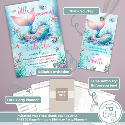 Editable Birthday Invitation and FREE Thank You Tag - Mermaid Tail