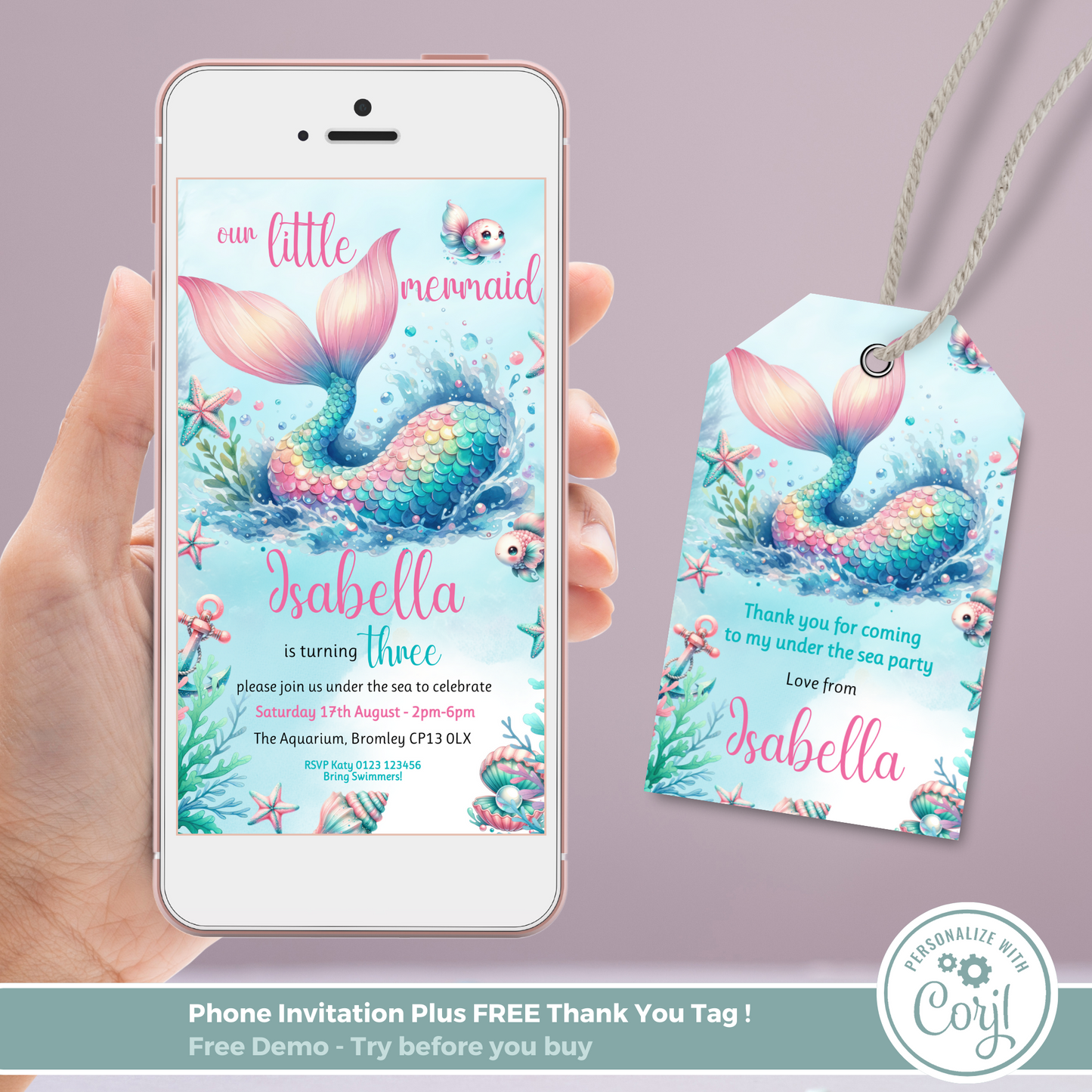 Editable Evite Birthday Invitation and FREE Thank You Tag - Mermaid Tail