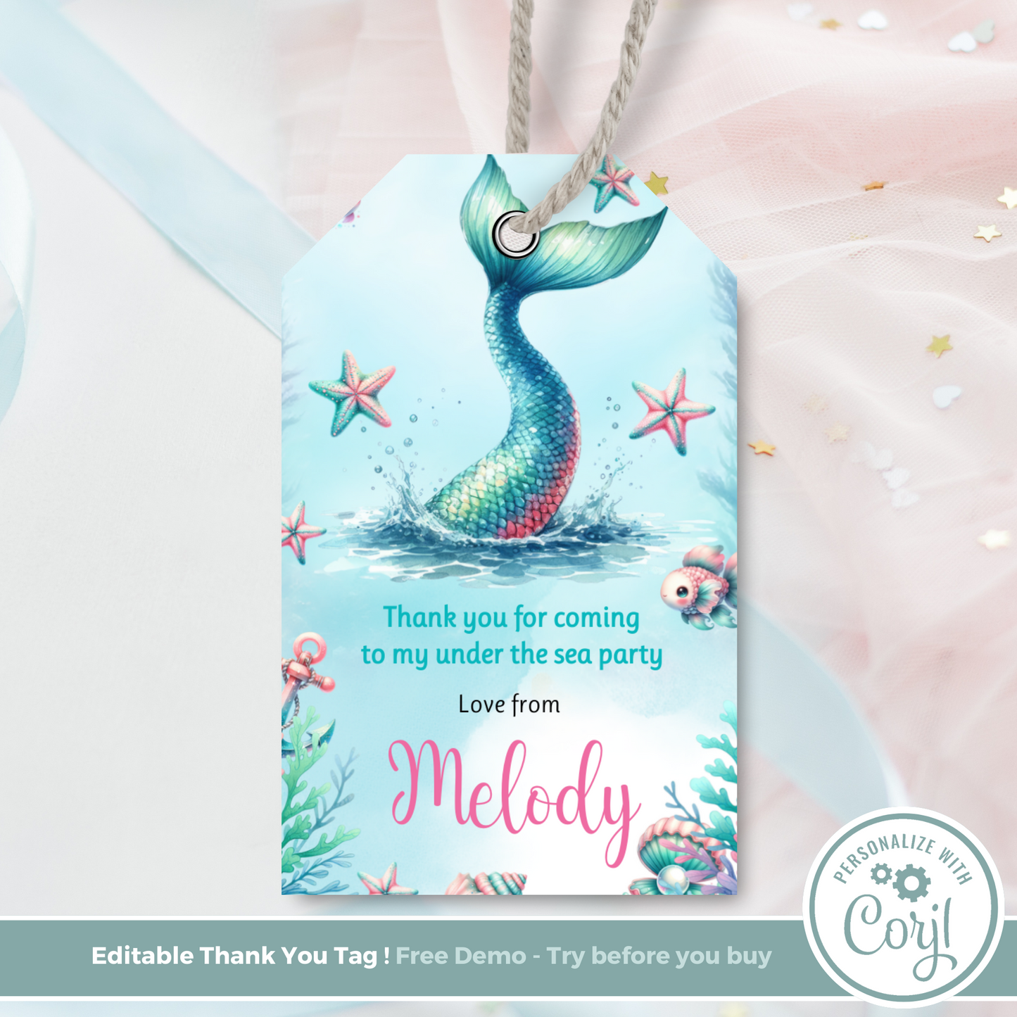 Editable Birthday Thank You Tag - Mermaid Tail