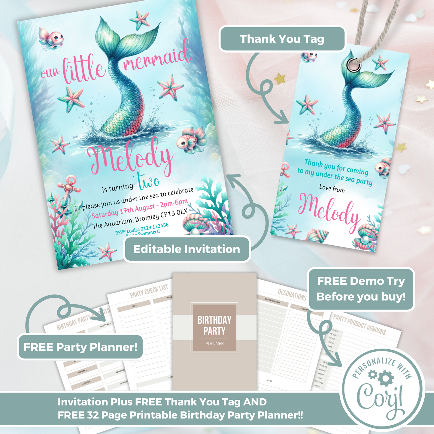 Editable Birthday Invitation and FREE Thank You Tag - Mermaid Tail