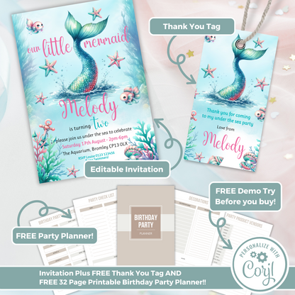 Editable Birthday Invitation and FREE Thank You Tag - Mermaid Tail