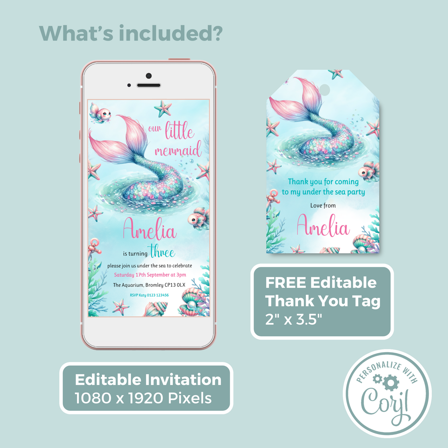 Editable Evite Birthday Invitation and FREE Thank You Tag - Mermaid Tail