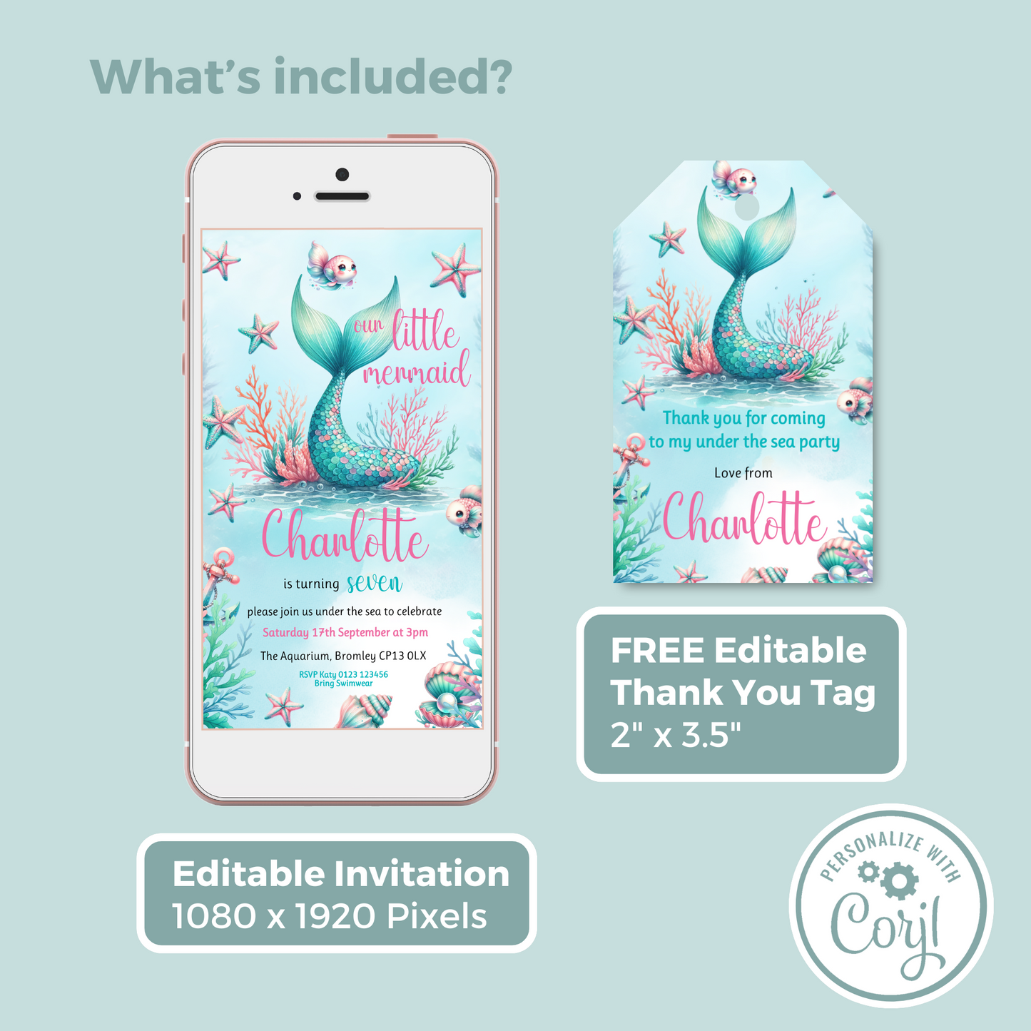 Editable Evite Birthday Invitation and FREE Thank You Tag - Mermaid Tail