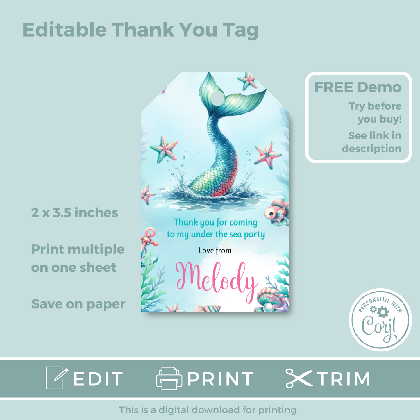 Editable Birthday Thank You Tag - Mermaid Tail