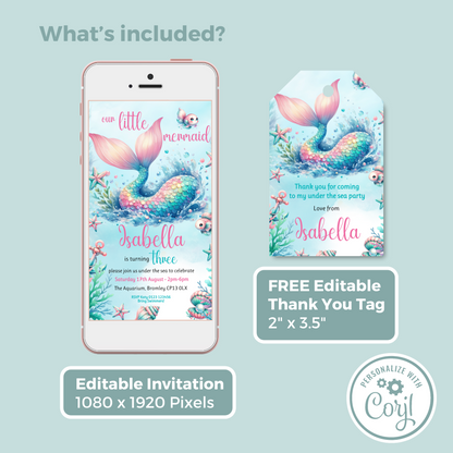 Editable Evite Birthday Invitation and FREE Thank You Tag - Mermaid Tail