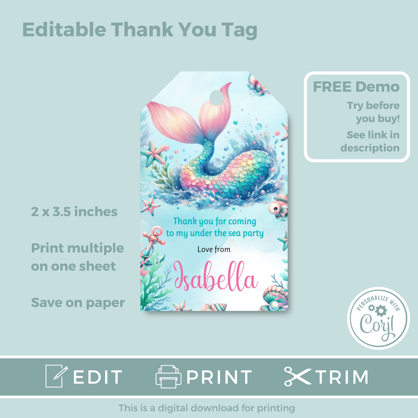 Editable Birthday Thank You Tag - Mermaid Tail